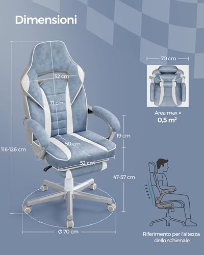 Sedia da Ufficio, Poltrona Racing Ergonomica, Poggiapiedi Telescopico, Schienale Inclinabile, Poggiatesta e Supporto Lombare, Portante di 150 kg, Blu Turchino e Bianco Crema OBG073Q01 - Sedia gaming - Immagine 2