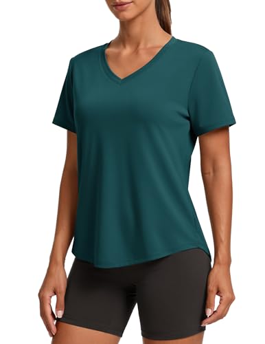 PINSPARK Cooling Shirts for Women Short Sleeve V Neck Moisture Wicking Workout Tops Quick Dry Breathable Athletic Gym T-Shirts,Dark Teal Large