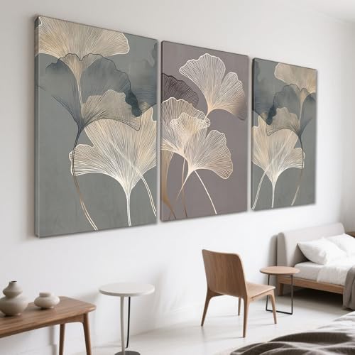 Bestome Neutral Ginkgo Canvas Set of 3 - Beige Tan