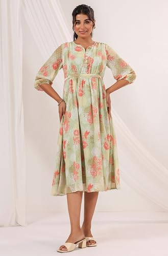 Image of Janasya Women's Georgette Floral Printed Flared Dress