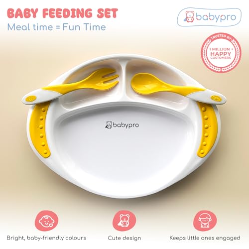 Image of BabyPro Feeding Plate Set with Spoon & Fork for Toddlers, Yellow 1+ Years | BPA-Free, Non-Toxic, Easy-Grip Handles, Pefrect Size Baby Meal Set for Kids