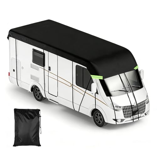 EXLECO Wohnwagen Abdeckung 5 5 x 3 m Wohnmobil Abdeckplane Wasserdicht Sonnenbeständig Wetterbeständige Schutzhülle Reisemobil Dachschutzplane 210D Oxford Gewebe Dachabdeckung mit Reflektorstreifen