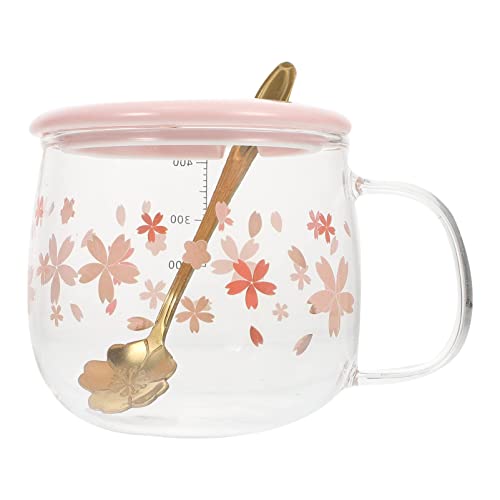 HAWDK Verre De Cuisson De Lait, Coupe De Fleurs De Cerisier Set Tasse en Verre Tasse à Café De Fleur pour La Maison Restaurant Café, Grande Capacité De Café avec échelle Cover