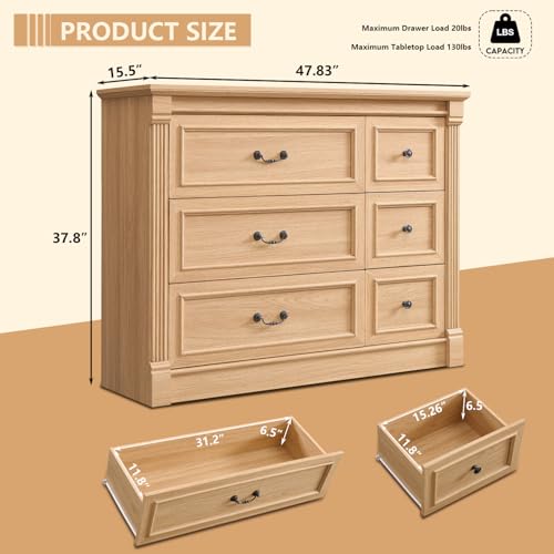 Image of Farmhouse 6 Drawers Dresser for Bedroom, 48 inch Wide Large Dressers & Chests of Drawers w /Roman Column, Storage Dressers Organizer for Bedroom, Hallway, Living Room, Natrual