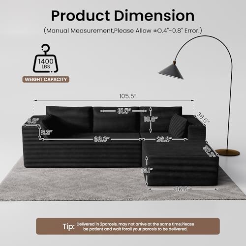 Image of 106 inch Cloud Sectional Boneless Couches for Living Room, Modular L Shaped Couch with Deep Seat Oversized Right Facing Chaise, Memory Foam Compressed Spineless 3 Seater Sofa for Apartment, Black