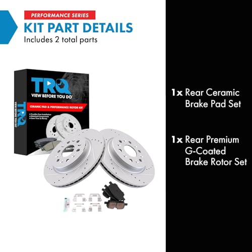 Image of TRQ Performance Rear Brake Pad and Rotor Set Ceramic Coated Drilled Slotted Rotors Compatible with 2021 Cadillac XT5