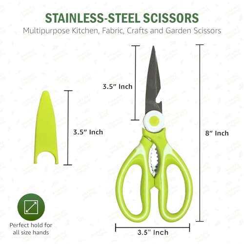 Image of Anandi Green's 3 Stainless Steel Scissors Pointed Tip with Shock Proof Body Ergonomic & Soft Handles for Easy Handling Green Scissor with Cap