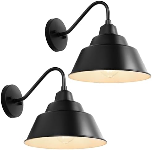 10 Inch Outdoor Gooseneck Barn Light Fixture, Farmhouse Rustic Exterior Vintage Wall Mount Lighting, Industrial Matte Black Outside Wall Sconces for Porch Garage Patio, 2 Pack, E26