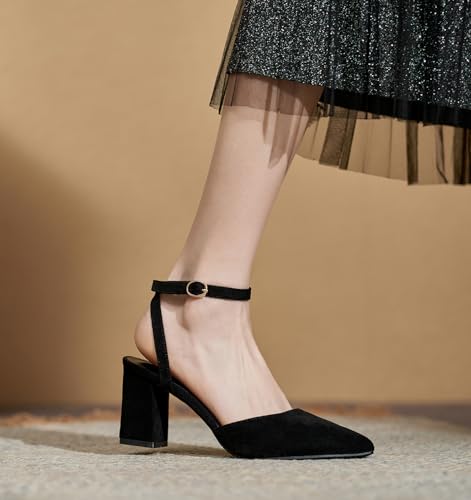 YooPrettyz Women Closed Pointed Toe Dress Block Heels Suede Ankle Wrap High Heels Soft Daily Pumps Shoes4