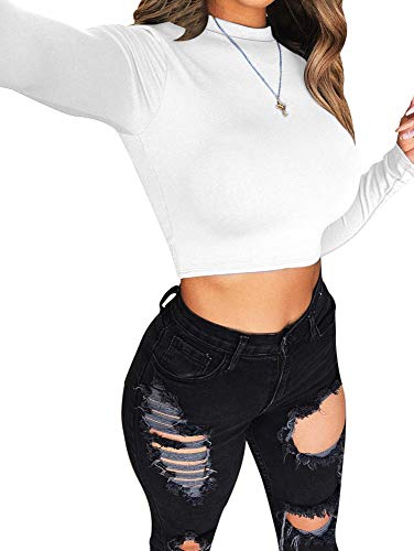 LAGSHIAN Basic Long Sleeve Crop Top, Women's Turtleneck Sexy Casual Top White