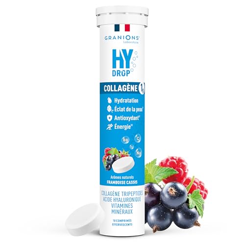 Granions - GRANIONS HYDROP - Pastilles Hydratation - Framboise/Cassis - SANS SUCRES - Enrichi en Collagène - Fabriqué en France - Electrolytes Hydratation - Vitamines, Minéraux - 18 Pastilles Effervescentes