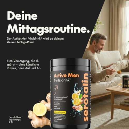 Serotalin Active Men T-Drink für Männer | Magnesium Komplex Pulver mit Kreatin, L-Citrullin, L-Tyrosin | Vitamin B Komplex | Vegan & Made in Germany | Zitrone-Ingwer