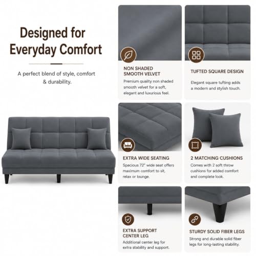 Image of Adorn India Alyssum 3 Seater Sofa Cum Bed 4X6 Velvet 2 Cushions (Color Grey) and Suitable for All Indoor, with 3 Years Warranty