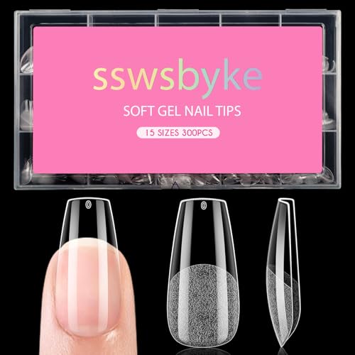Medium Coffin Nail Tips, SSWSBYKE 300pcs Soft Gel Nail Tips for F...