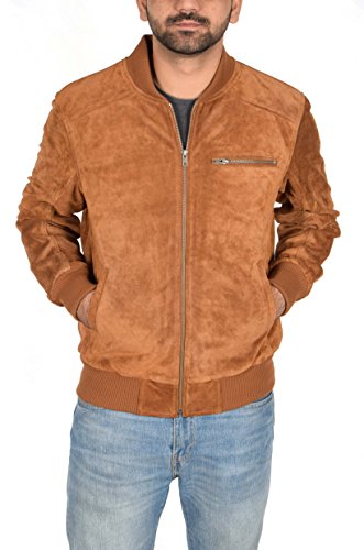 Mens Real TAN Suede Bomber Jacket Leather Varsity Baseball Casual Coat - Roco3