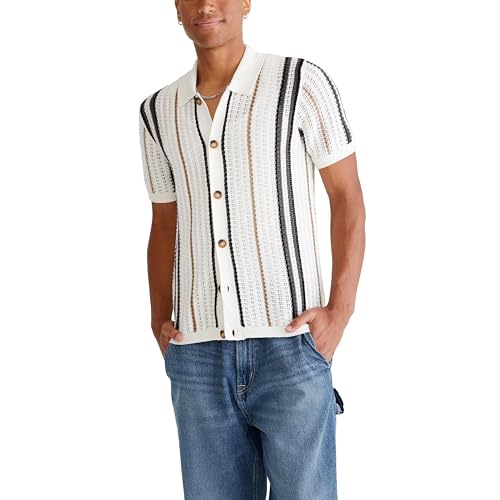 AEROPOSTALE Men's Striped Open-Knit Buttoned Sweater Polo, Beige3