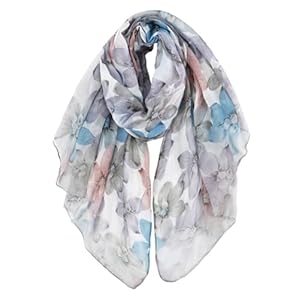 GERINLY Elegant Lady Scarf with Flower Print, Light Cotton Voile Head Wrap, Pretty Shawl (Light Grey)