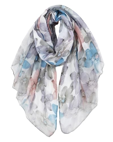 GERINLY Elegant Lady Scarf with Flower Print, Light Cotton Voile Head Wrap, Pretty Shawl (Light Grey)