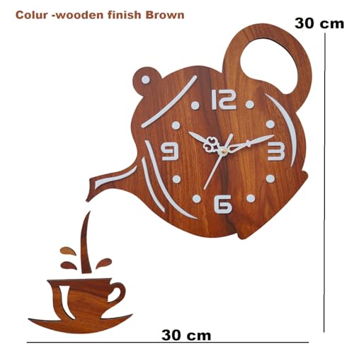Image of cozyloom Tea Time Theme Wall Clock - Creative Wooden Wall Clock with Teapot & Cup Cutout DesignAnalog Kitchen Clock for Wall Decor & Gift Use (Light Brown)