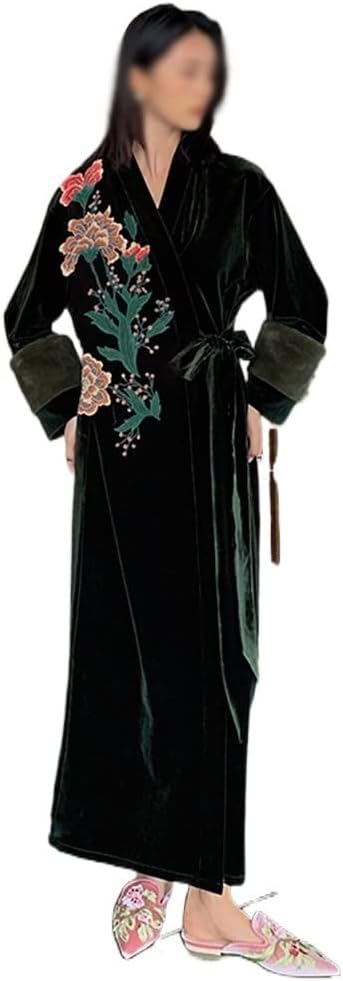 Embroidered Velvet Pajamas Women's Kimono Robe Lapel Oversized Bathrobe Nightgown