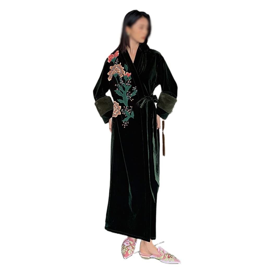 RWRAPS Pijama de Terciopelo Bordado para Mujer Kimono Bata Solapa Albornoz de Gran tamaño Camisón (D 1)
