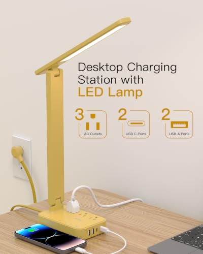 Image of Addtam LED Desk Lamp, Power Strip with 3 Outlets 4 USB Charging Ports(2 USBC), 4 Modes 5 Level Brightness Touch Lamp, Small Desk Lamp for Home Office College Dorm Room Essentials, Yellow