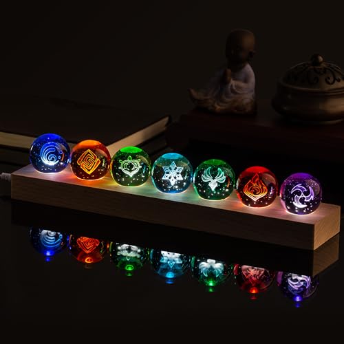 FIYSON 7 Stück Anime Genshin Impact Balls 3D Auge Gottes Kristallkugel LED Nachtlicht USB 40mm GlasKugel mit Holzsockel Hydro/Dendro/Electro/Geo/Pyro/Anemo/Cryo Set Spielele Merch Geschenk (Stil 1)