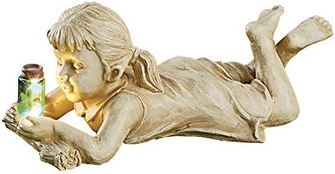 Whimsical Garden Yard Outdoor Children Sculpture Decor,Solar Lighted Firefly Jar Light Boy Girl Creative Statue Garden Resin Decorative Statue Ornament, Garden Yard Patio Decoration (A)