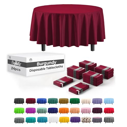 Image of Party Solids Burgundy Round Plastic Tablecloth - 84 Inch, Pack of 24