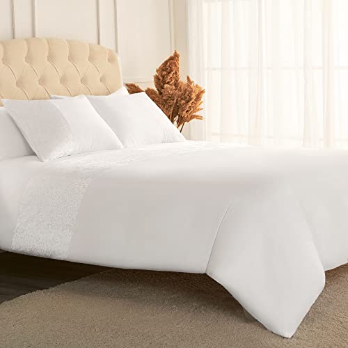 Image of Mellanni Duvet Cover Set - Soft & Cooling Microfiber - Wrinkle, Fade, and Stain Resistant - Button Closure and Corner Ties - Velvet Stripe (Queen, White)
