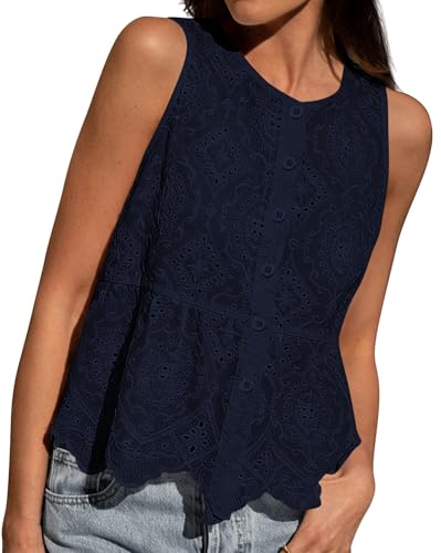 BTFBM Womens Tank Tops 2026 Summer Casual Sleeveless Button Down Shirts Embroidered Eyelet Blouse Beach Vacation Clothes(Navy, X-Large)