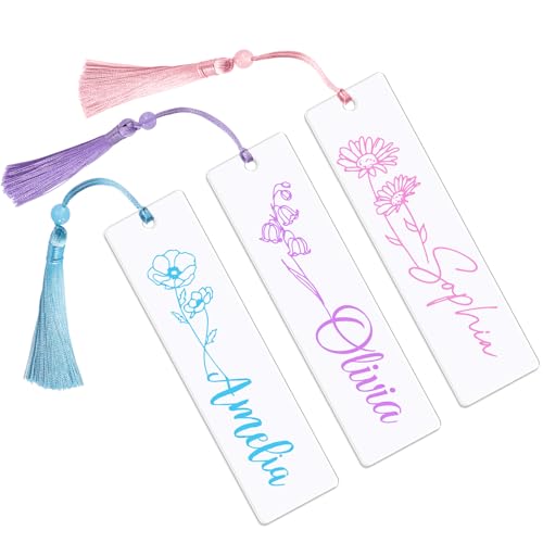 KUKUIKI Personalized Bookmark with Name&Birth Flower, Cute Bookmarks for Women, Custom Acrylic Book Marks with Colorful Tassel, Personalized Book Lovers Gifts for Teacher, Children, Readers