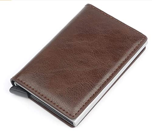 Men's Genuine Leather Wallet | RFID Blocking Aluminum Automatic Pop Up Credit Card Holder Case | 8 Card Slots, 24-Brown, Minimalist