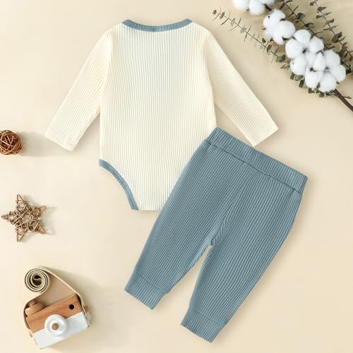Newborn Baby Boy Clothes Ribbed Knit Cotton Long-Sleeved Romper Long Pants Splicing Color Fall Winter Outfits3
