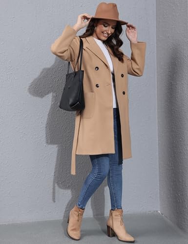 Springrain Womens Winter Wool Pea Coat Warm Notched Collar Double Breasted Belted Coat Long Jacket Outerwear4