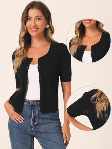 Image of Allegra K Short Sleeve Cardigan for Women's Casual Crochet Knit Button Up Bolero Sweater Tops