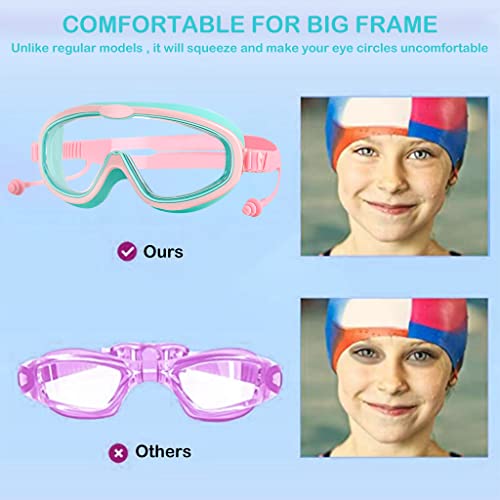 Image of PROBEROS Swimming Goggles for Kids with Ear Plugs, Big Frame Leakproof Anti-fog Swimming Goggles for Kids, Swim Goggles with UV Protection Adjustable Swim Goggles for Boys Girls for Age 6-14 (Pink)