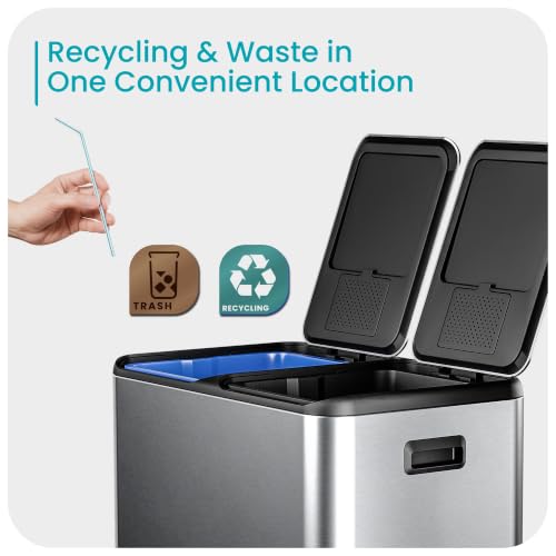 Image of Home Zone Living 16 Gallon Kitchen Trash Can with Dual Compartments for Recycling, Stainless Steel, Silver, 60 Liters Total