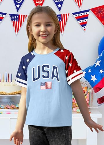 Image of CAZYCHILD Girls 4th of July USA Shirt American Flag Patriotic T-Shirt Independence Day Outfit for Kids 5-14Years