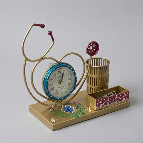 Image of Golden Stethoscope Pen Stand with Clock, Metal Desk Organizer Doctor Gift Item, Corporate Bulk Gifting Medical Clinic Table Showpiece and Office Decor (30x10x16 cm)