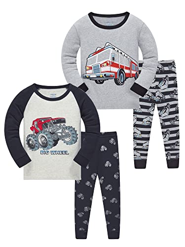 LOLPIP Jungen Pyjamas Kleinkind Kleidung 100% Baumwolle Nachtwäsche Set Fahrzeuge Gedruckte Bus Räder Nachtwäsche Langarm 7-8 Jahre Cover