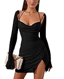 HTZMO Sexy Women's Halter Flounce Sleeves Ruched Mini Dress Sheer Mesh Side Split Cute Party Short Dresses Black S