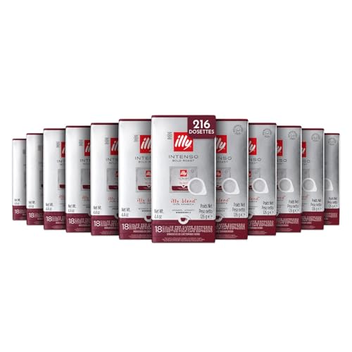 illy, Café en Dosettes E.S.E Monodose Torréfié INTENSO, 100% Arabica avec des Notes de Cacao et de Fruits Secs, Arrière-goût Corsé, 12 Paquets de 18 Dosettes...