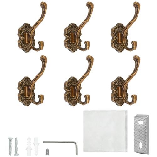 LECEHIVO 6 Pcs Vintage Coat Hooks, Heavy Antique Brass Decorative