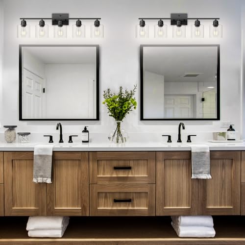 Image of Modern 5 Light Bathroom Vanity Light, 31 inch Black Bathroom Lights Fixtures, Vanity Lights with Clear Glass for Mirror Kitchen Living Room Hallway Cabinet Porch