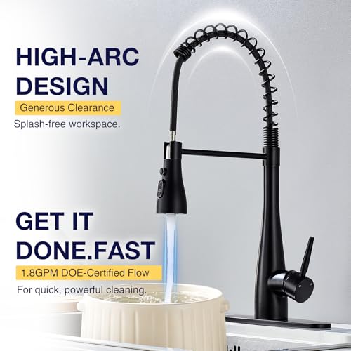Image of Kitchen Faucets with Pull Down Sprayer, High Arc Single Handle Classic Stainless Steel Sink Faucet 1 or 3 Hole, Suitable for Farmhouse Camper Laundry Rv Bar, Matte Black