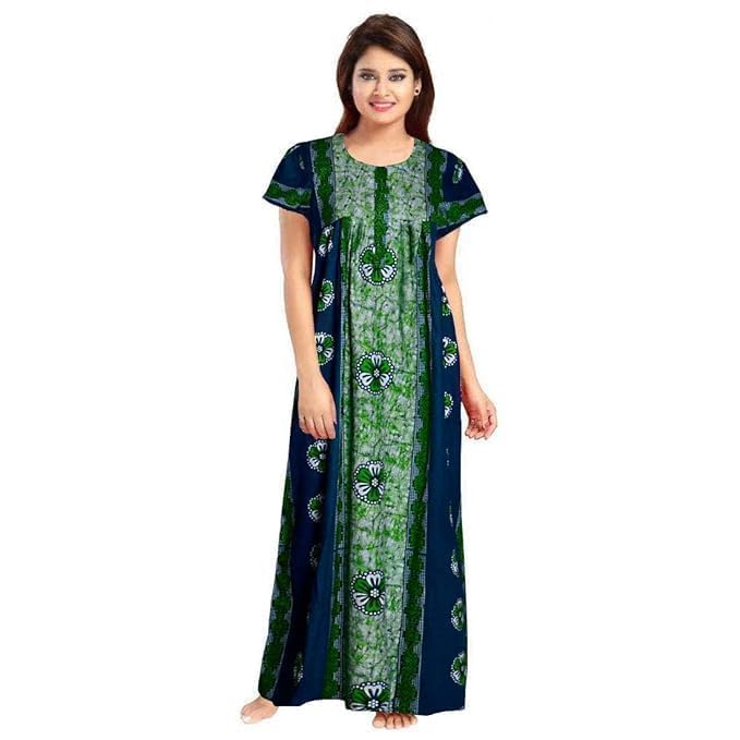 Image of NILOUFO Women's Cotton Printed Maxi Nighty - Pack of 2 | Soft Ankle-Length Sleepwear Gowns for Women | Free Size Night Dresses (Blue,Green, Free Size)