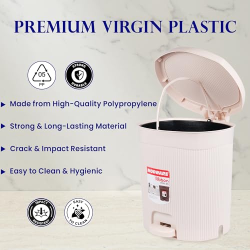 Image of MODWARE Premium Plastic Pedal Dustbin with Removable Bucket, PP Polypropylene, Hands-Free, Grey, for Kitchen, Office, College (Cream)