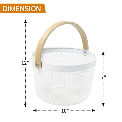 Zoes Homeware Round Mesh Steel Basket With Wooden Handle | Multi-Functional Basket For Egg,Fruit,Berry | Garden Harvest Basket | Kitchen Bathroom Pantry Picnic Organizer | 10"*10"*7" | White #TOP6