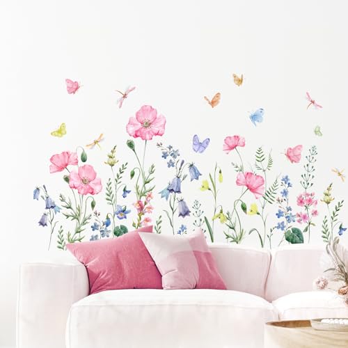 Watercolor Wildflower Wall Stickers Colorful Garden Flower Grass Butterflies Wall Decals for Girls Bedroom Living Room Home Office Wall Decor - Image 3